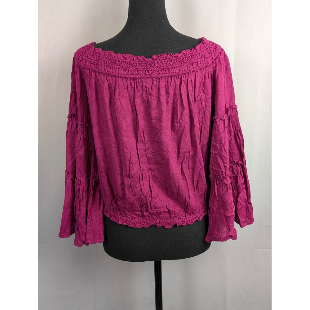 Free People " Free Spirit" Off The Shoulder Top SZ XS Magenta Ruffle Bell Sleeve - Picture 5 of 9